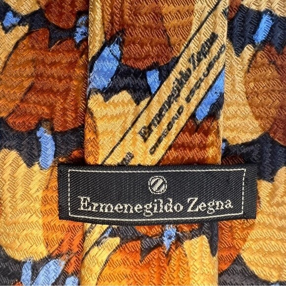 Ermenegildo Zegna 100% Silk Rust Brown Gold Blue Men's Necktie Tie Autumn Fall - Picture 4 of 11